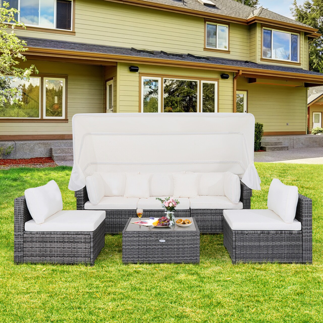 6 Pcs Pe Rattan Patio Furniture Set W/ Tempered Glass Table And Retractable Canopy